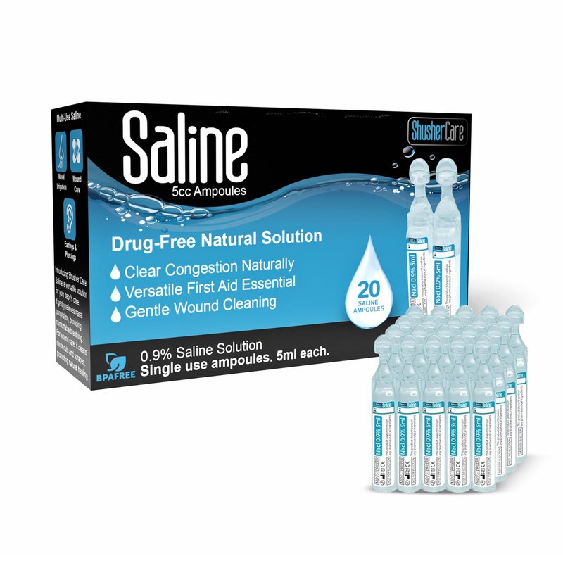 Shusher Care Saline Ampoules - Saline Solution, Sodium Chloride 0.9%, Nasal Cleanse for Babies, Kids, & Adults, Sterile Nasal Care, Wound Cleansing - 20 Count (5ml Each)