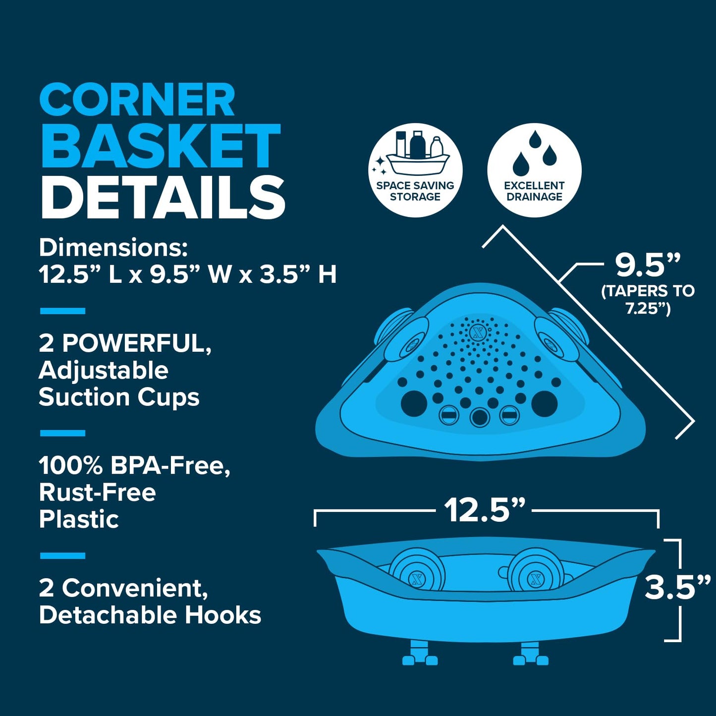 SlipX Solutions Corner Shower Basket Caddy, Sturdy Storage Organizer, Adjustable Power Lock Suction Cups, 2 Hooks, Holds up to 22 Pounds, Tool Free, Drill Free, Removeable (White)