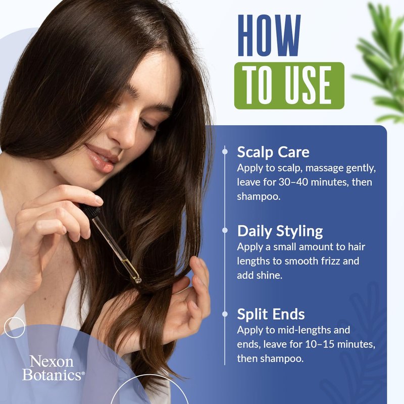 Nexon Botanics Rosemary Hair Oil - Lightweight Scalp Treatment for Hair Growth | 2 fl oz with Peppermint, Jojoba & Vitamin E