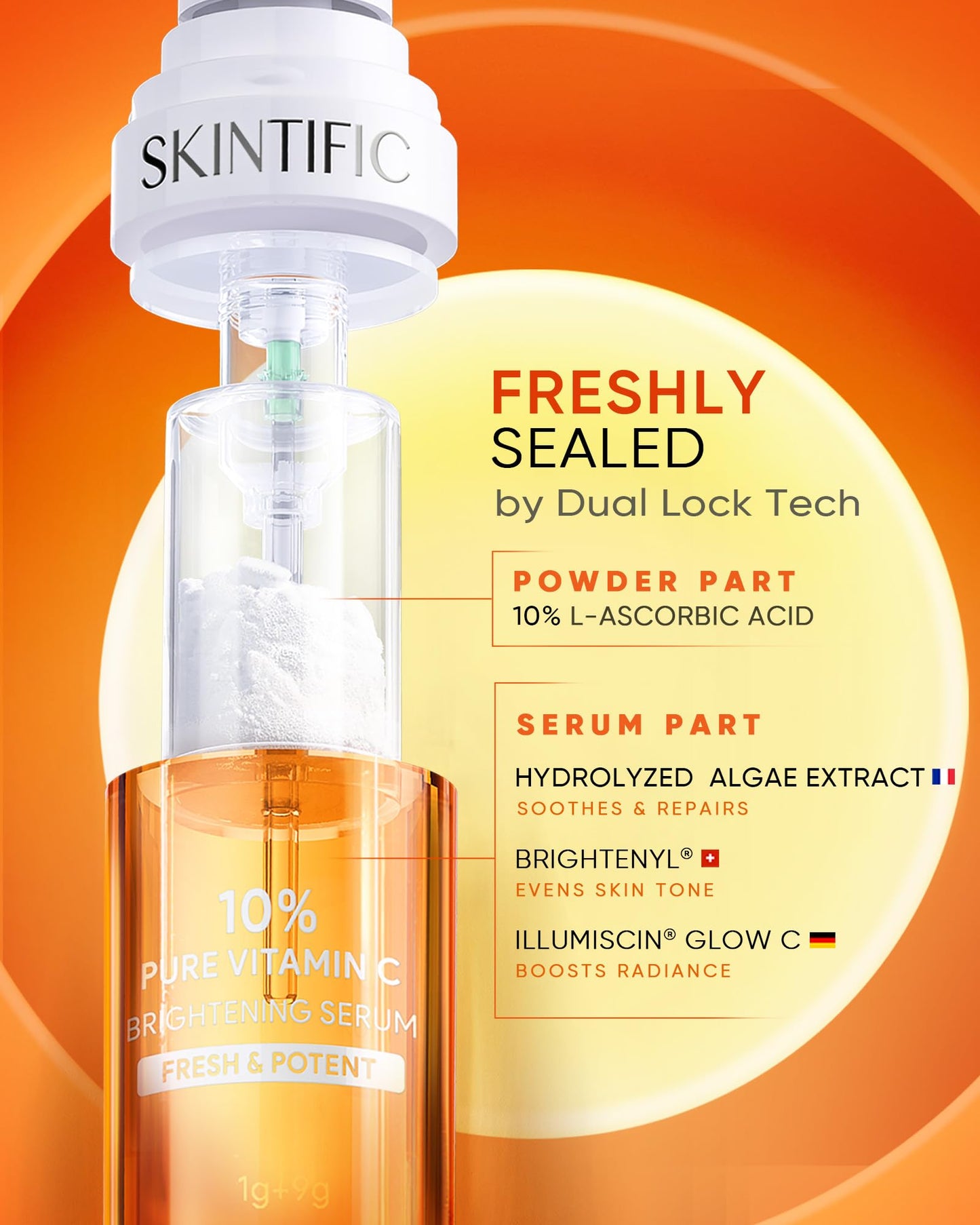SKINTIFIC Dual-Chamber Fresh Vitamin C Brightening Serum for Face, 10% Pure Vit C Powder Serum, Dark Spot Corrector, Oxidation-Proof with UV Shield