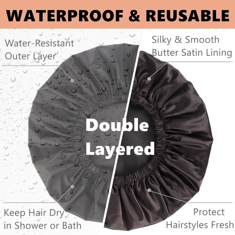 Adjustable Shower Caps for Women Reusable Waterproof Satin Lining Extra Large Shower Cap for Women and Men Long Hair Braids Curly Hair (Xl,Black)
