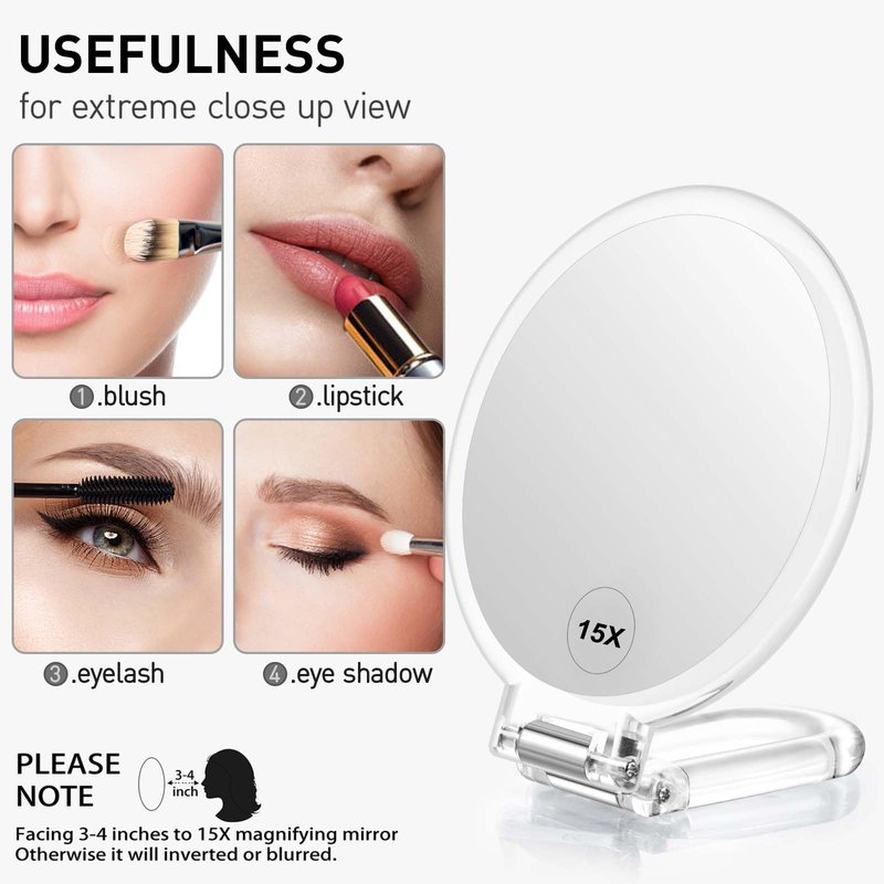 LFOYOU Magnifying Handheld Mirror Double Sided, 1X 15X Magnification Hand Mirror, Travel Folding Held Adjustable Rotation Pedestal Makeup Desk Vanity Mirror