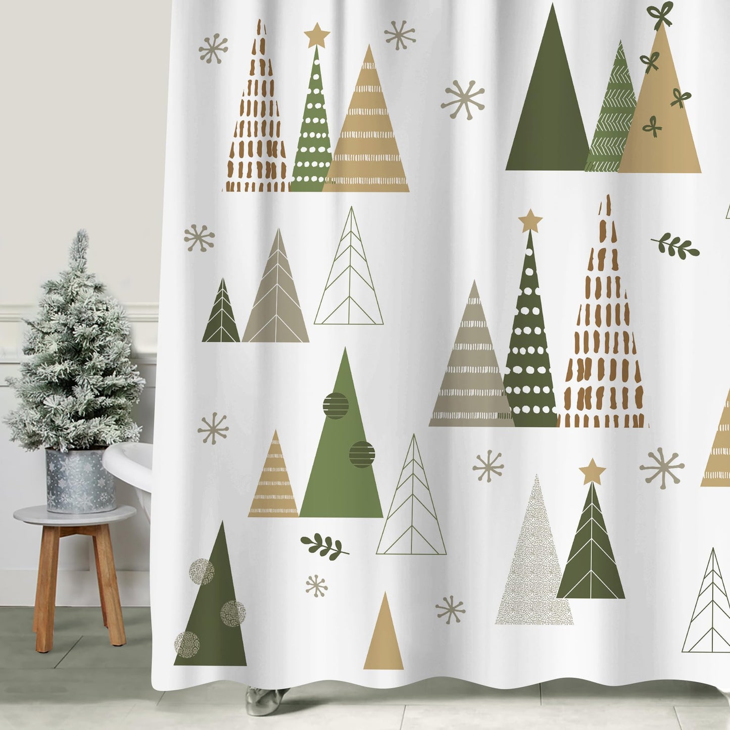 Sunlit Geometric Modern Design Christmas Shower Curtain Christmas Tree Bathroom Home Office Holiday Wall Decoration as Tapestry and Photo Booth Backdrop Gold Green White Printed