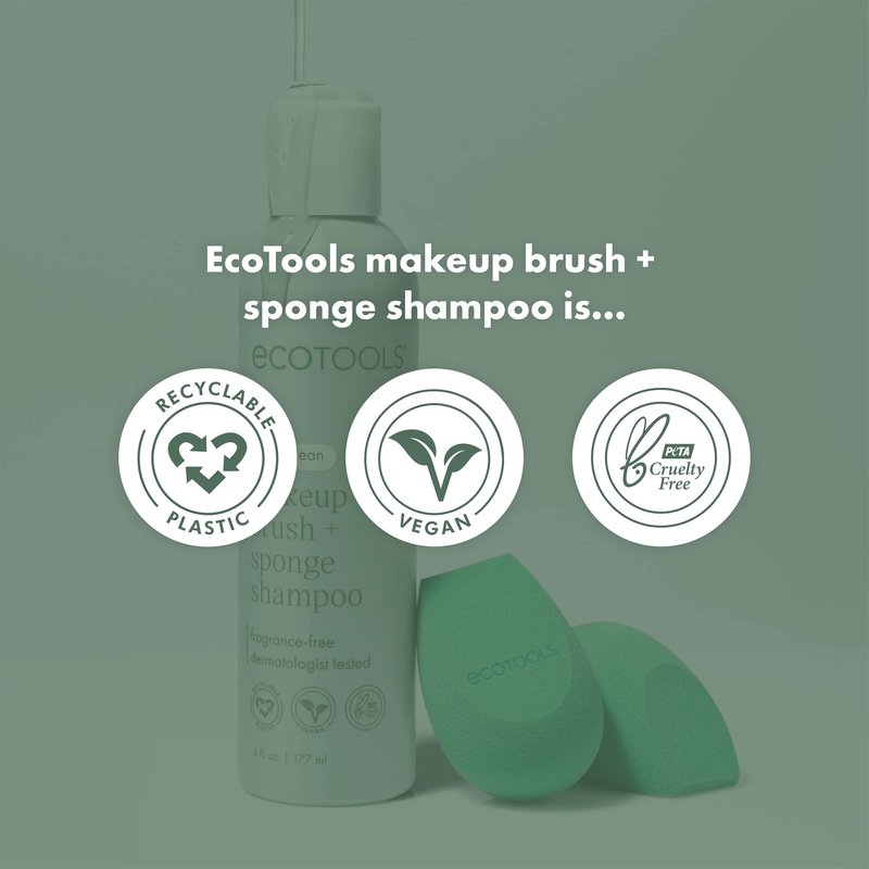 EcoTools Makeup Brush + Sponge Shampoo, Remove Makeup & Impurities From Tools, Sponges, & Puffs, Fragrance-Free Brush Cleanser, No Harsh Chemicals, Vegan, & Cruelty-Free, 8 fl. oz./236 ml. Bottle