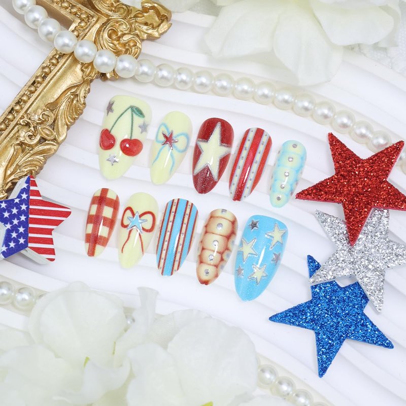30Pcs 4th of July Press on Nails Almond Shape Patriotic Fake Nails Reusable Acrylic False Nails with Adhesive Tabs Red White Blue Star Cherry Design Independence Day Press on Nails for Women DIY