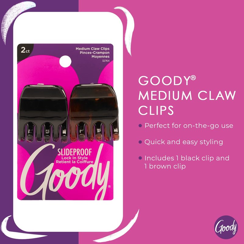 Goody Classics Medium Claw Clips - Pain-Free Hair Accessories in Black & Brown | 2 Count Pack