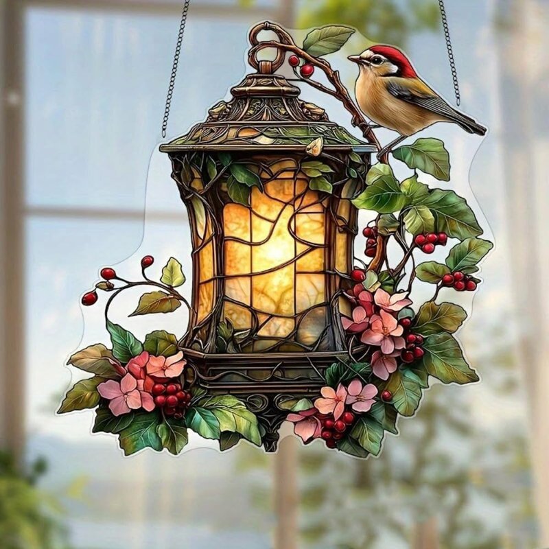 Acrylic Lantern with Bird & Flowers | 7.08-Inch Stained Glass Style Window Decor & Rainbow Maker