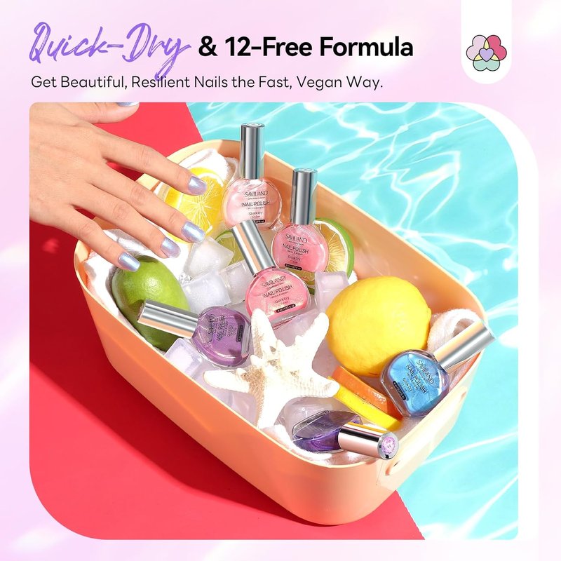 SAVILAND Pearl Nail Polish Set: Quick Dry 12-Free Aurora Summer Nail Polish 6 Shimmer Purple Pink Blue Colors Fingernail Polish Set Vegan Nail Toes Lacquer DIY Nail Art Home Use Christmas Gift Women