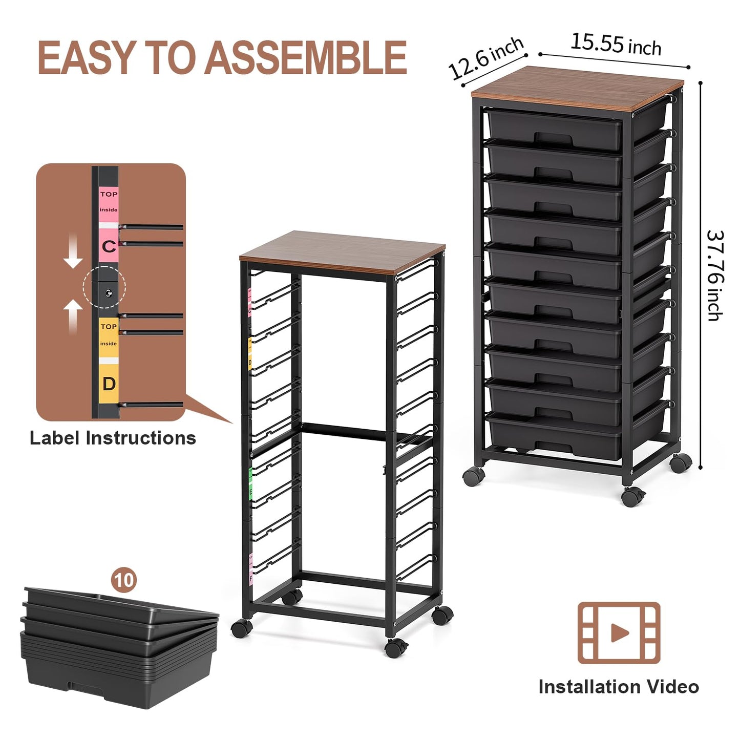 SYKIARIOL Rolling Cart with Drawers,10 Drawer Rolling Cart,Storage Cart,Utility Cart,Teacher Cart for Classroom Storage,Craft Cart with Wheels and Wooden Tabletop,Black