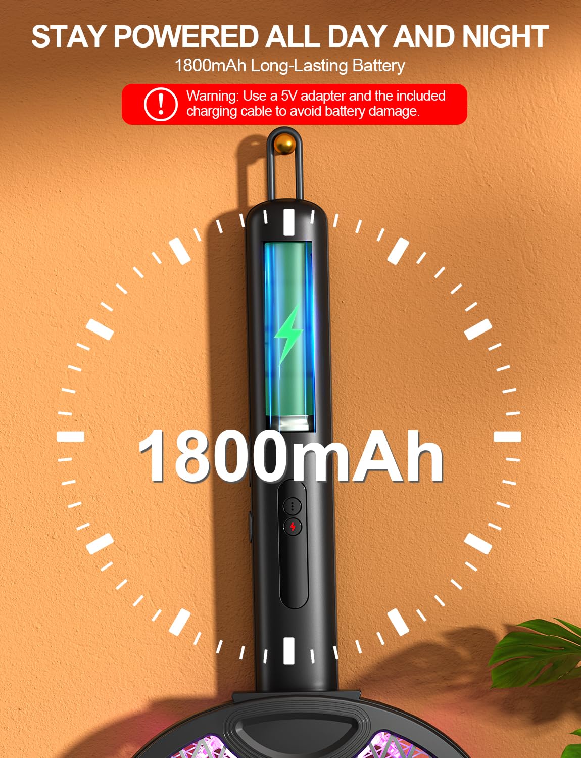 WOCVRYY Electric Fly Swatter 4000V Bug Zapper Racket with 1800mAh Rechargeable Battery 5-Layer Safety Mesh Dual Modes 180° Foldable Ideal for Indoor or Outdoor Use (Black)