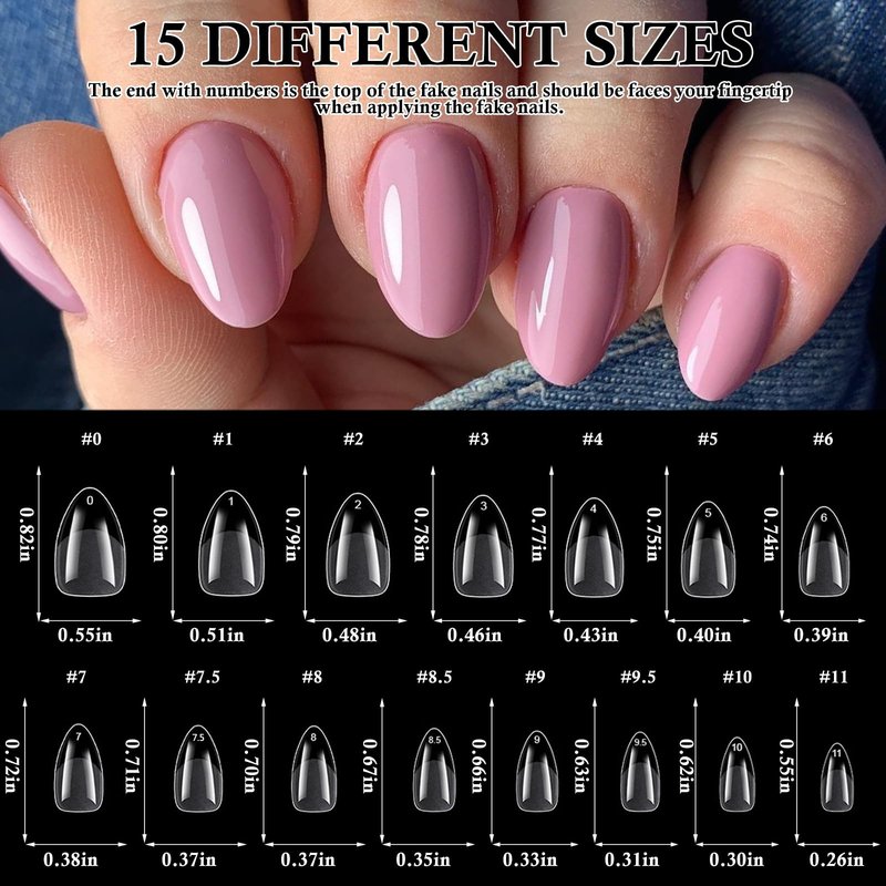 510pc Short Almond Nail Tips, Soft Gel Nail Tip Almond Fake Nails Artificial Fingernail, 15 Sizes Full Cover Clear Press on Nail Short Acrylic Nails Tips for Nail Extension, Press Nails Making