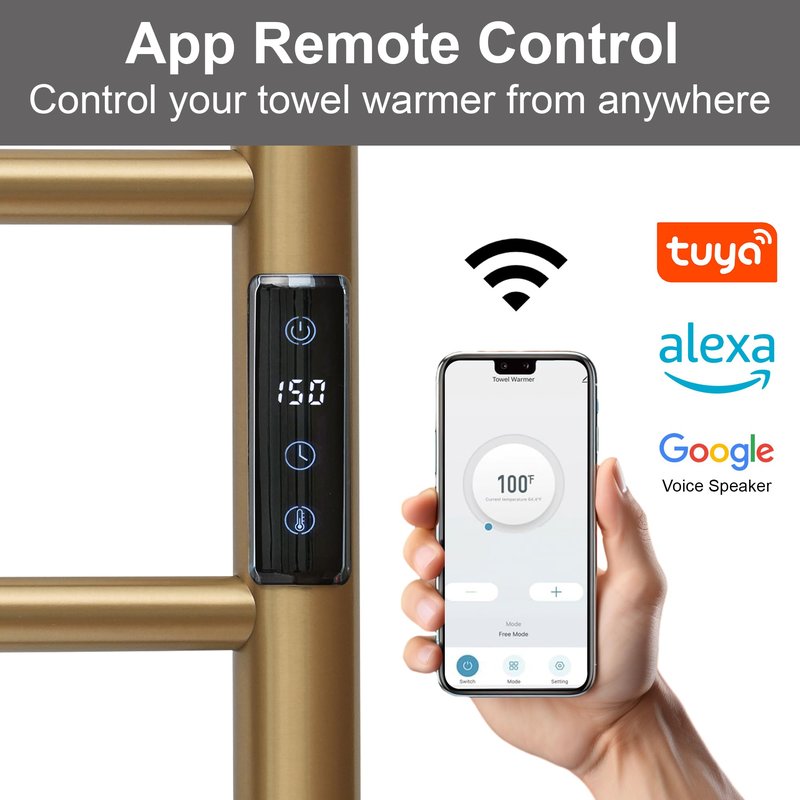 SHARNDY Electric Towel Rack with Voice Control for Alexa & Google Home,TUYA - Wall-Mounted Bathroom Heating Towel Warmer,Plug-in,Stainless Steel Material,16.54x23.62x5.51 in,Gold，4 Bars