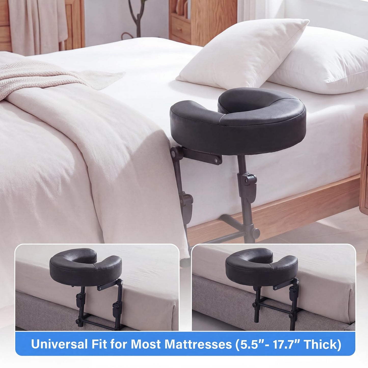TIMBERHIDE Portable Massage Headrest for Bed, Easy-Install Adjustable Face Cradle with Memory Foam for Couples, Home Spa & Recovery, Fits 6-17” Mattress, Black