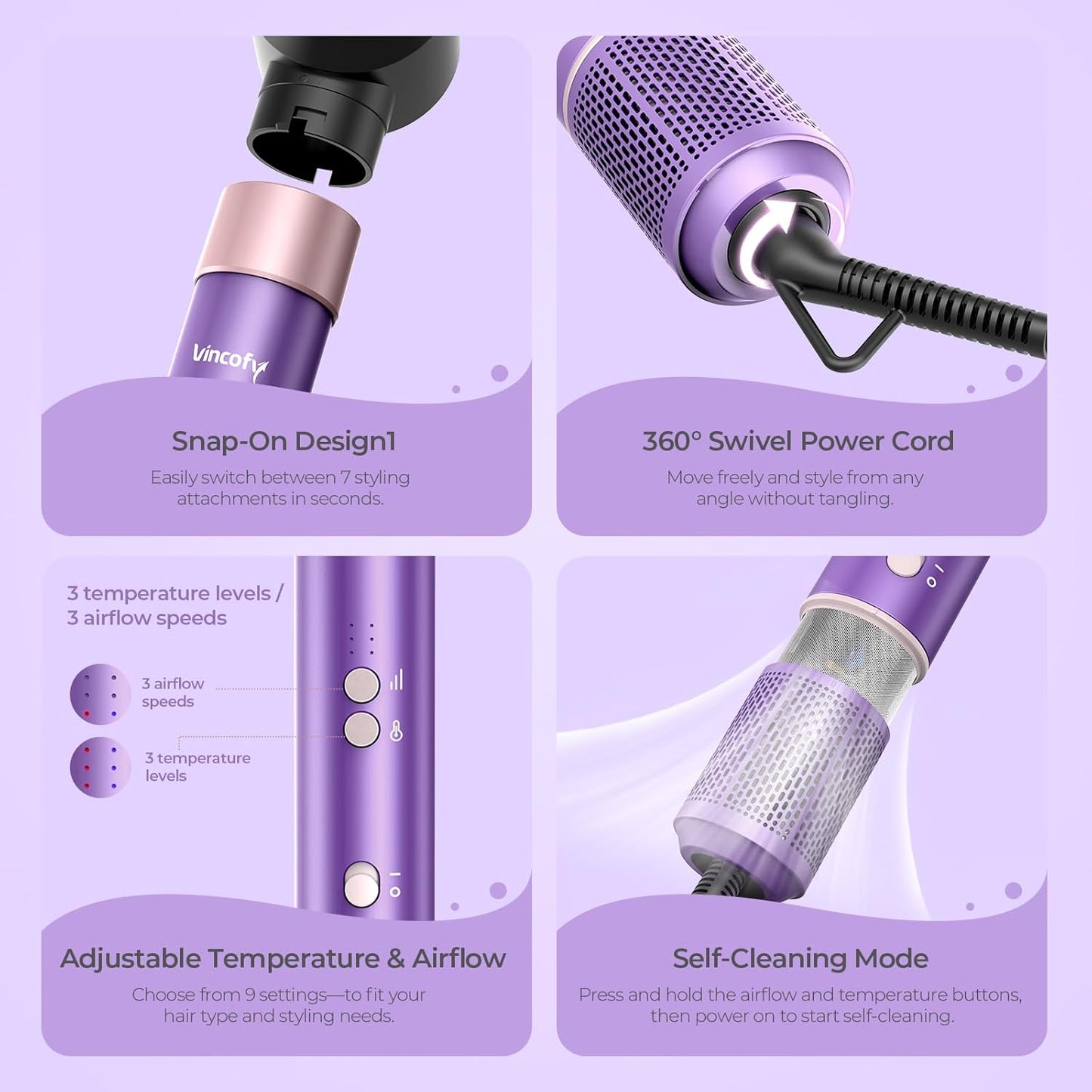 Vincofy 7-in-1 Blow Dryer Brush Set - Ionic Hot Air Styler for Fast Drying & Curling - 1500W Power in Lilac