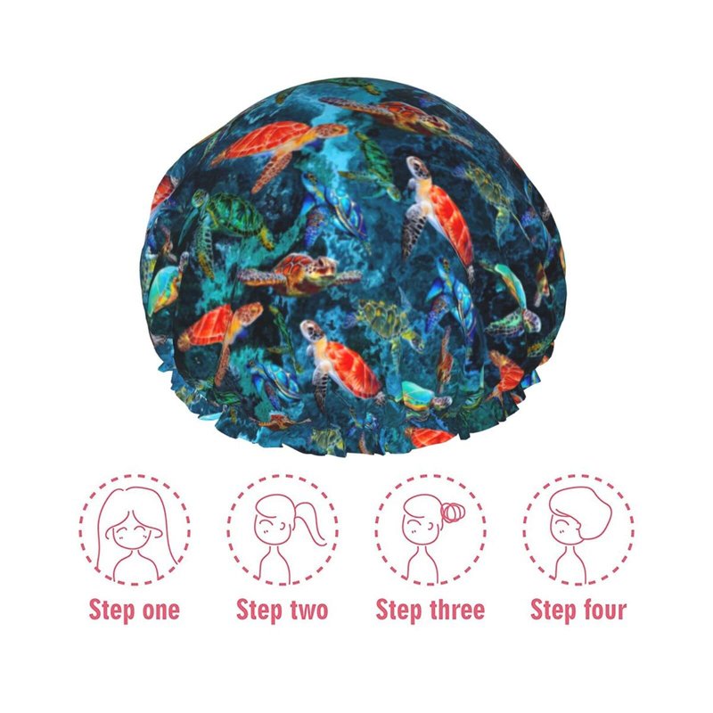 Sea Turtle Shower Cap For Women Adjustable Double Waterproof Layers Bathing Bath Cap Hair Protection Reusable Ladies Spa Salon Shower Hat