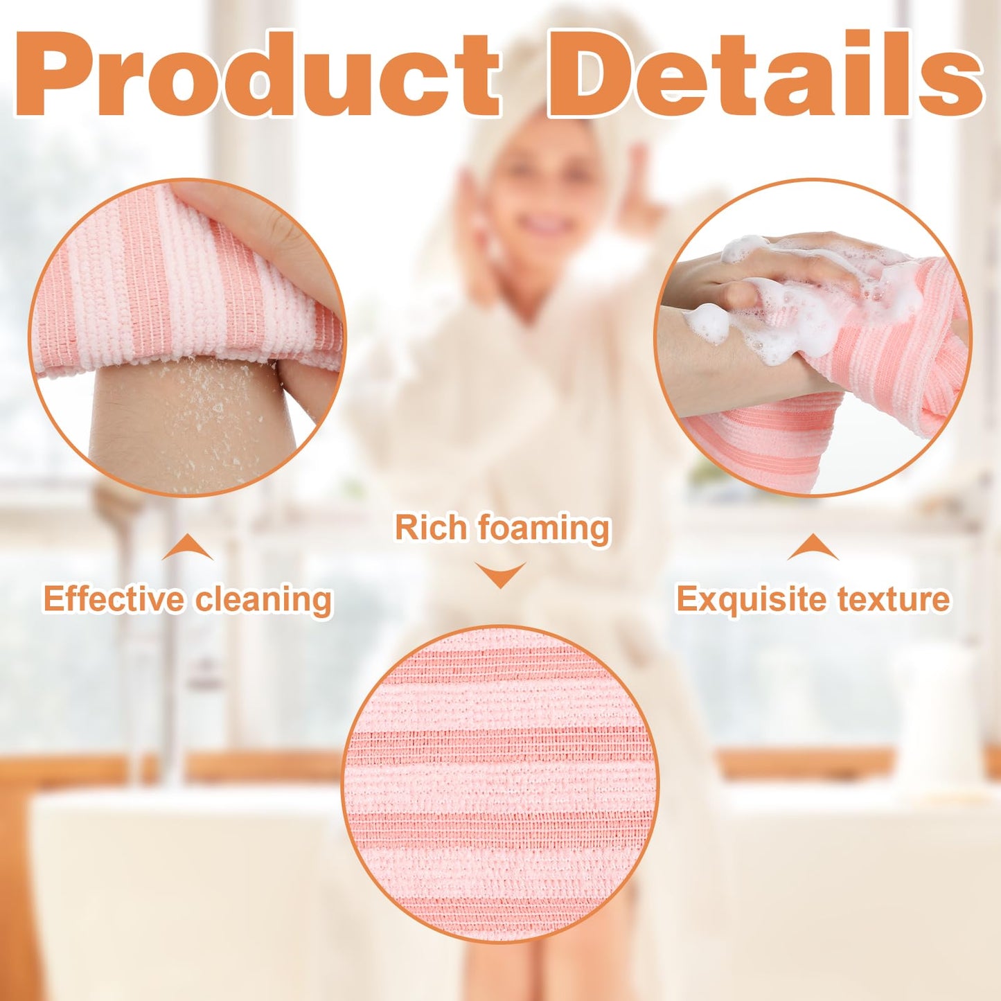 Exfoliating Shower Towel, 38 Inches Scrub Towels for Shower Exfoliating, Stripes Showers Towel for Smooth and Soft Skin (3 Colors, 6 Pcs)