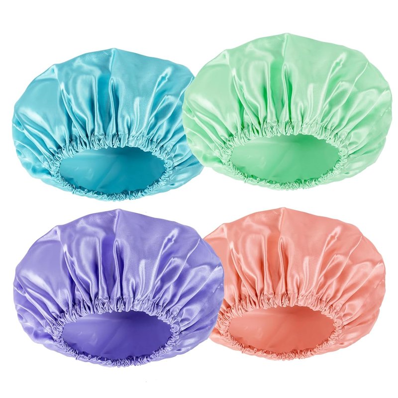 AmazerBath Shower Cap - 4 Pack Reusable Waterproof Hair Caps | Double Layered, Elastic Design for Adults & Kids