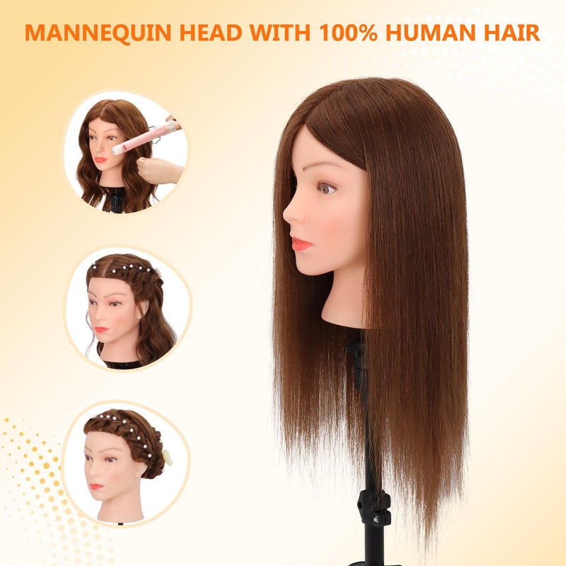 Mannequin Head with 100% Real Human Hair Cosmetology Training Doll Head for Hair Styling Cutting Braiding (Dark Brown)