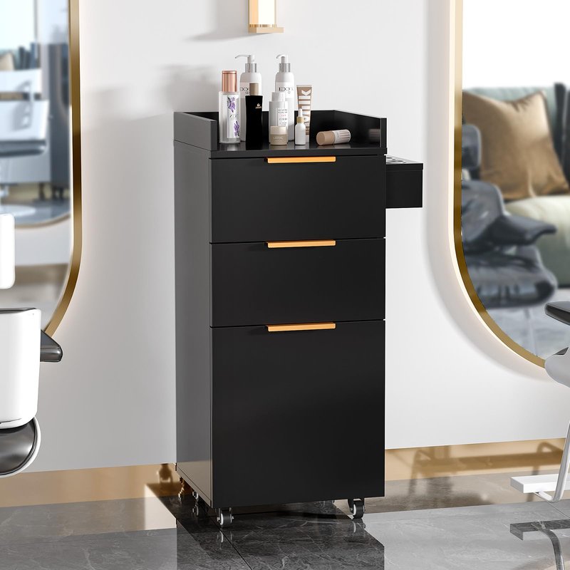 OmySalon Salon Cart with Wheels, 3-Tier Rolling Hair Styling Station, 2 Drawers & Adjustable Shelf, Hair Dryer Holder, Mobile Organizer for Salon, Barber, Spa, Nail & Beauty Tools, Black