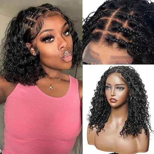 Bohemian Box Braided Bob Wigs Human Hair 5x5 HD Transparent Lace Closure 10 Inch 200% Density for Women Boho Knotless Box Braided Wigs with Baby Hair Lace Front Curly Bohemian Braids Bob Wig