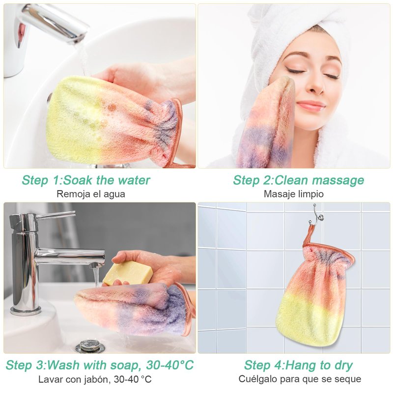 PHOGARY 8 Pack Microfiber Wash Mitts for Face Body, Soft Face Shower Bath Mitts Coral Fleece Washcloths, Reusable Makeup Remover Mitt, European Style Wash Cloth with Hanging Loop, Tie Dye, 7.8X 5.1in