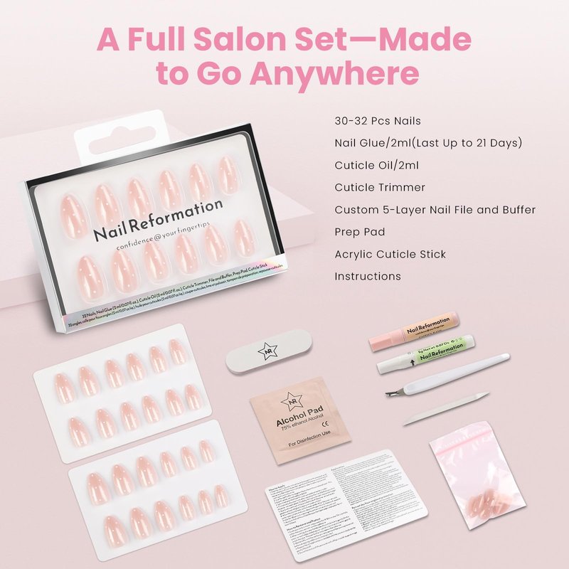 Nail Reformation Press On Nails, Milk Dots | Polka Dot Short Almond Fake Nails on Pink Shimmer Base in Glossy Finish, Reusable Stick On False Nails in 16 Sizes - 32 Nail Kit with Glue, Gifts for Women