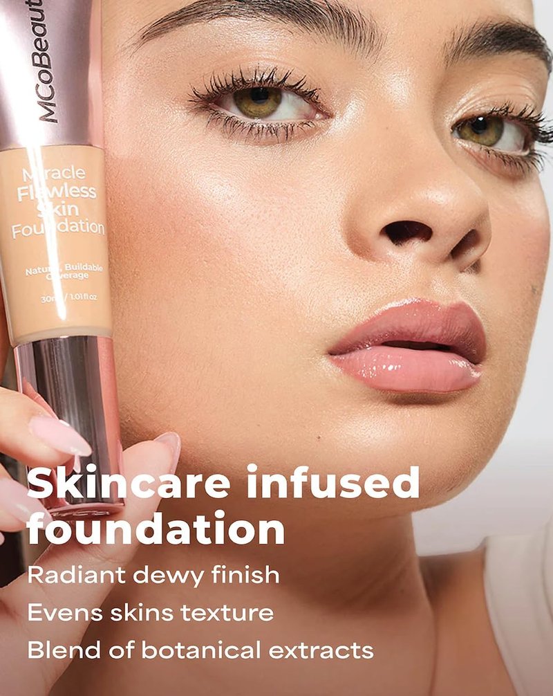 MCoBeauty Miracle Flawless Skin Liquid Foundation Honey - Buildable Medium Coverage Dewy Finish for All Skin Types - Hyaluronic Acid Coconut Water Rose Water Hydrating Face Makeup Vegan - 1 Fl Oz