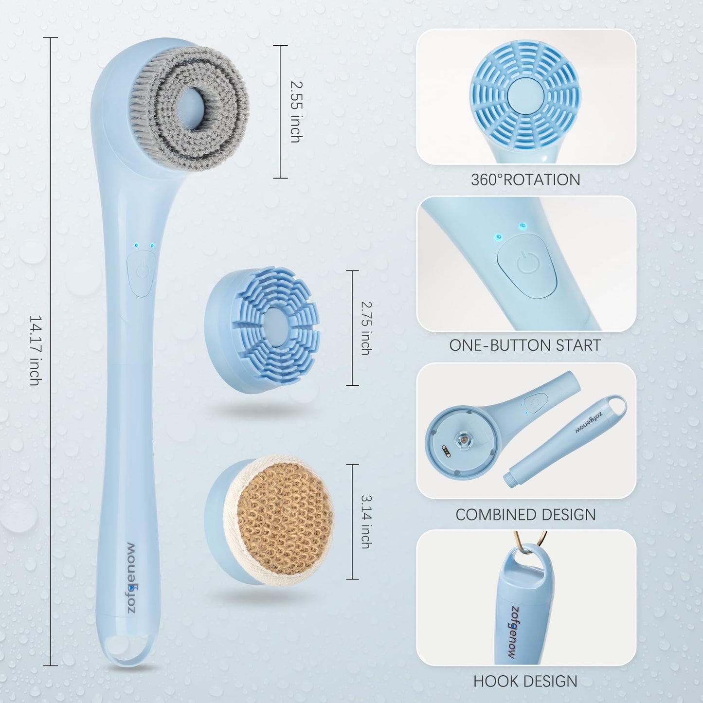 ZOFGENOW Electric Body Brush, Waterproof Back Scrubber for Shower with Long Handle and 3 Heads, Rechargeable Exfoliating Brush for Body and Foot, Deep Cleansing Massager, Blue