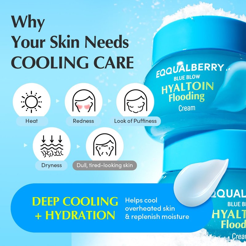 EQQUALBERRY HYALTOIN Flooding Cream - 5% Hyaluronic Acid & Ectoin, 10% Glacier Water | Cooling Gel Moisturizer for Hydration & Redness Relief | Korean Skincare (1.69 fl. oz / 50ml)