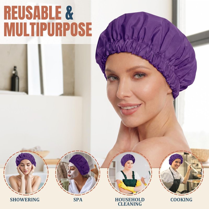 Reusable Shower Cap for Women, Large Waterproof Shower Bonnet with Elastic Band, Washable Bath Hair Cap for Long, Curly Hair, Braids, Daily Shower, Home Spa, Travel(Dark Purple)
