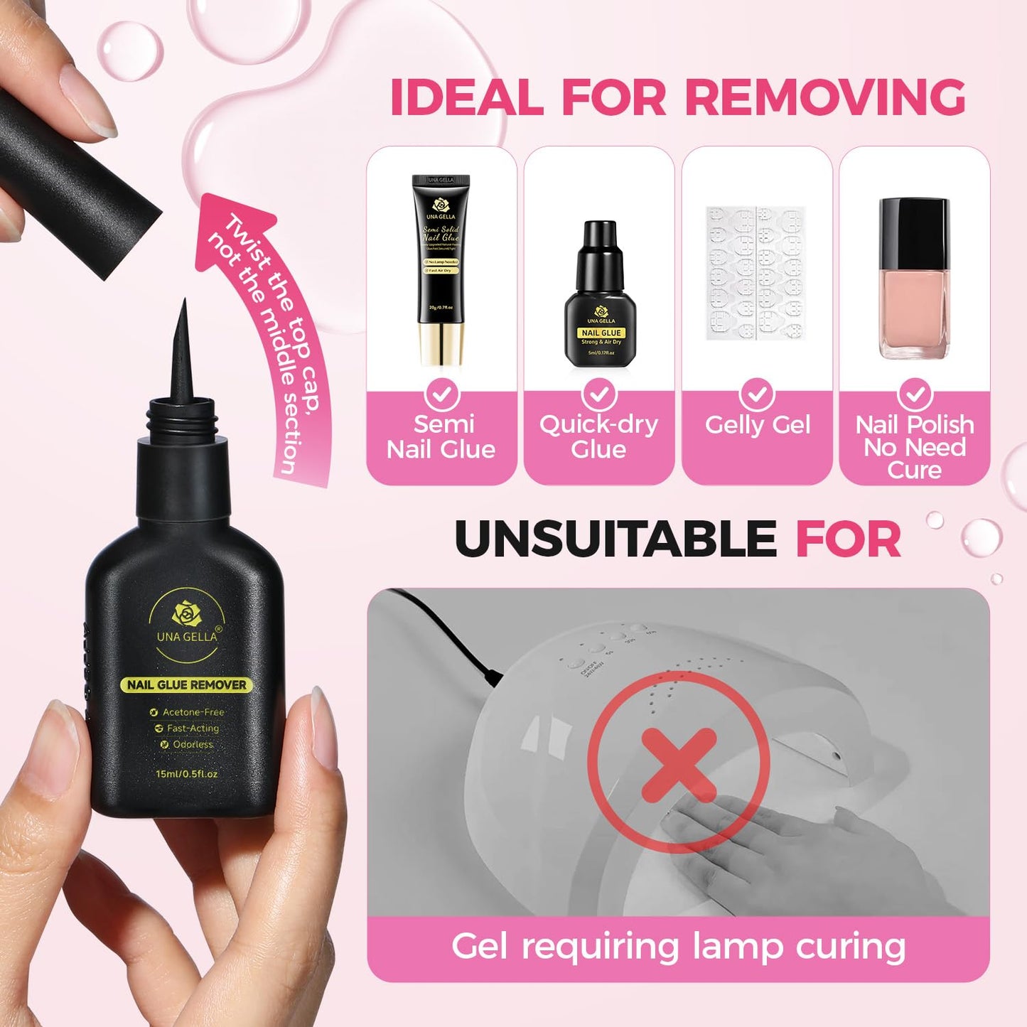 UNA GELLA Nail Glue Remover for Press on Nails 15ml Upgraded Stick & Remove 2 in 1 Acrylic Nails Remover for False Nails Tips Acetone-Free Gentle Gel Nail Remover, Not for Gel Polish Base Coat