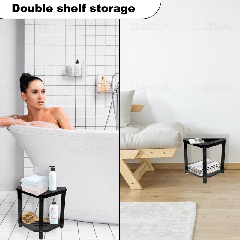 IBosins Corner Shower Stool with Storage Shelf Shower Foot Rest for Shaving Legs Small Bench for Inside Shower to Sit on Bath Seat - Acacia Wood, Black