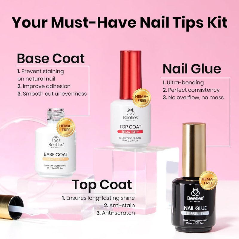 Beetles Gel Nail Kit - Almond Short 288pcs Nail Tips | HEMA-Free Glue, Top Coat & Base Gel Set for DIY Extensions