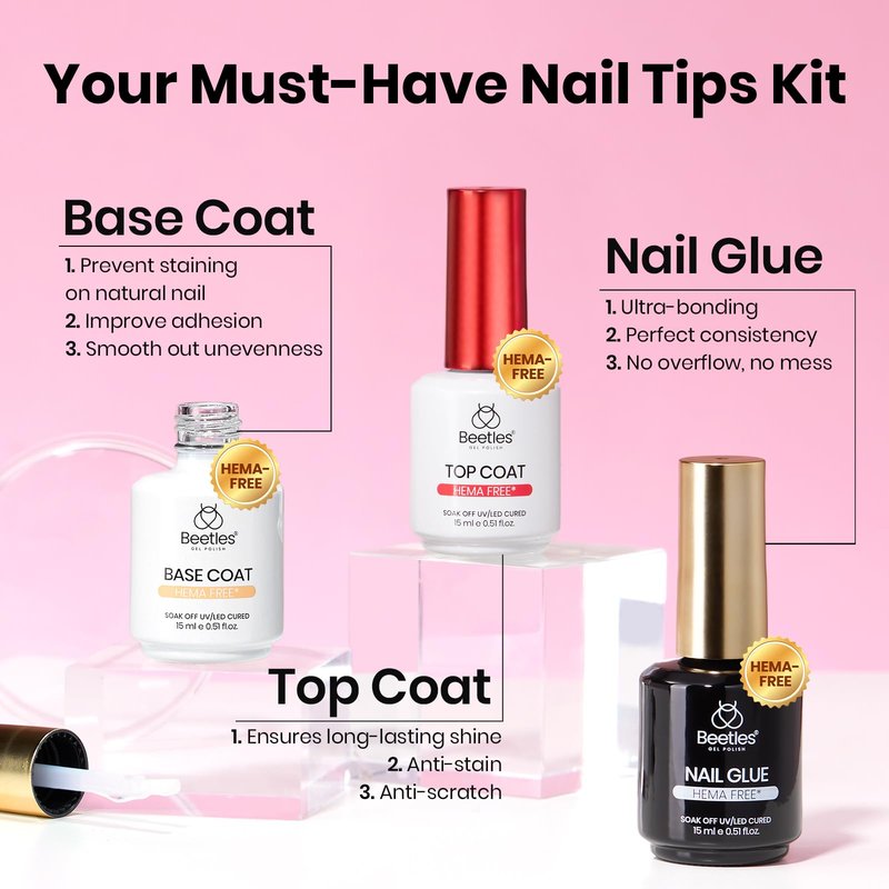 Beetles Gel Nail Kit Etch-X, Medium Coffin, 288pcs 12 Sizes Nail tips, 3Pcs 15ml HEMA-Free Nail Glue Top Coat & Base Gel Set, for Acrylic Press On Nail, Long Lasting Extension DIY Set at Home