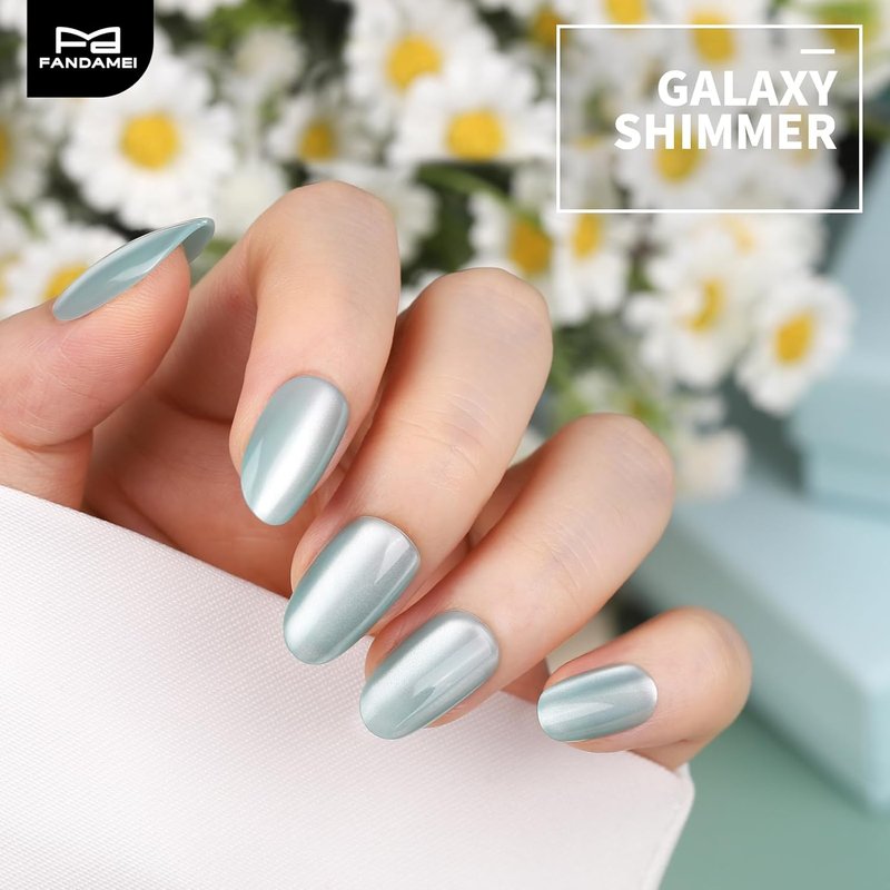 FANDAMEI Press On Nails - Short Almond & Oval Cat Eye Design | Glossy Nude Fake Nails Kit with Adhesive Tabs