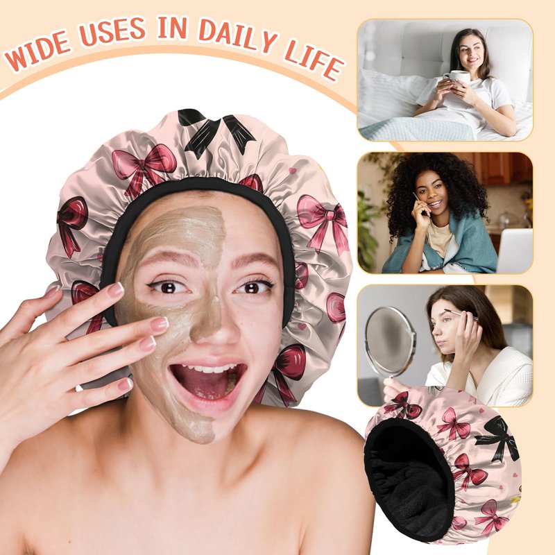 Cabreche Luxury Shower Cap Terry Lined Reusable Triple Layer Waterproof Hair Elastic Caps Shower Bath Hat for Women Girls Cute Aesthetic-Pink Bowknot