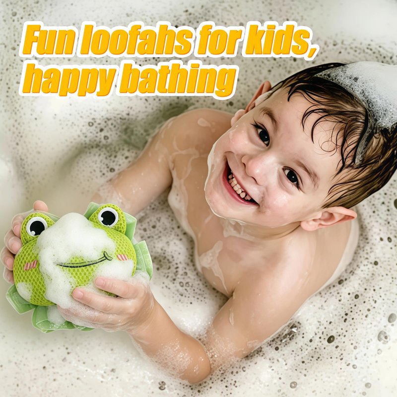 Kids Loofah, Cute Cartoon Animal Kids Bath Sponge with Hanging Rope, Soft Double Mesh for Rich Lather (Green Frog)