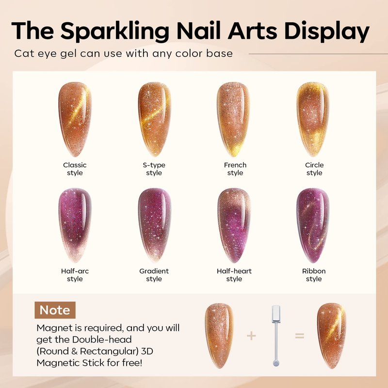 modelones Gel Nail Polish Set, 6 Colors Winter Nude Brown Gel Polish Glitter Burgundy Shiny Champagne Gold Magnetic Cat Eye Effect Sparkle Stunning Home Nail Art Kit Gift for Girl Women