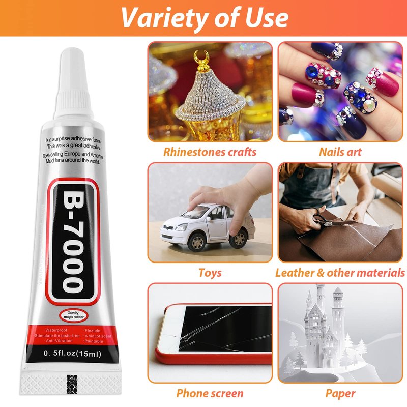 B7000 Clear Adhesive with Precision Tips, 5 PCS B-7000 Jewelry Bead Glue for Diamond Rhinestone Applicator Tools Set - Strength Adhesive for Nail Art DIY Crafts Clothes Shoes Bags