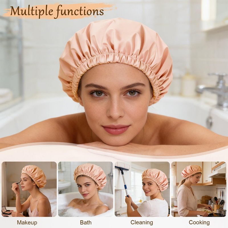 Doitory Shower Cap for Women, Reusable Waterproof Shower Cap Satin Lined with Soft Elastic Band, Large Washable Bath Caps(Champagne)