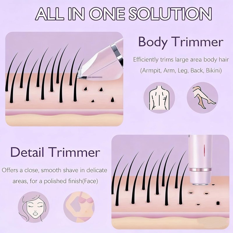 Skiennix Bikini Trimmer - 2-in-1 Cordless & Waterproof Shaver for Women | Painless Hair Removal, Purple