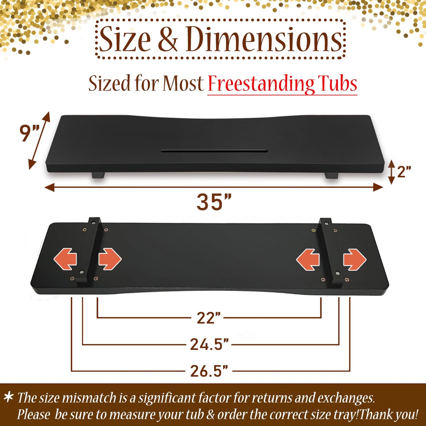 Stylish Black Bamboo Bathtub Tray Caddy with Adjustable Legs, Minimalistic Design Bath Tray for Tub, Bathtub Accessories, Fits Most Free Standing Bath Tubs, Idea for Women