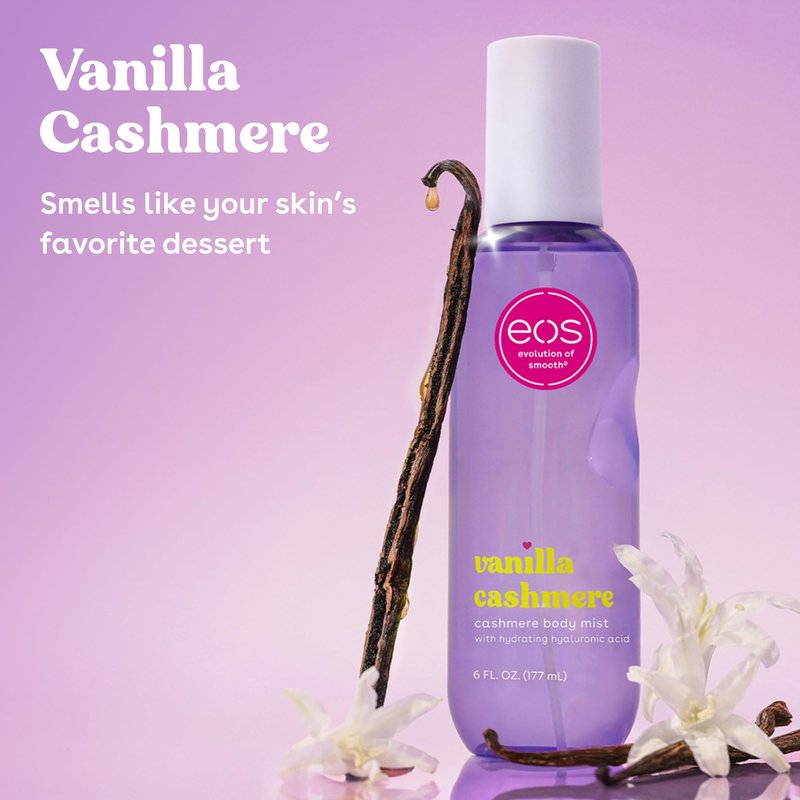 eos Cashmere Body Mist, Vanilla Cashmere, Soft Musk, Cozy Caramel, Hair Mist, Body Spray for Women Moisturizing, Hyaluronic Acid, Vanilla Body Spray, Vegan, Cruelty-free, 6 fl oz