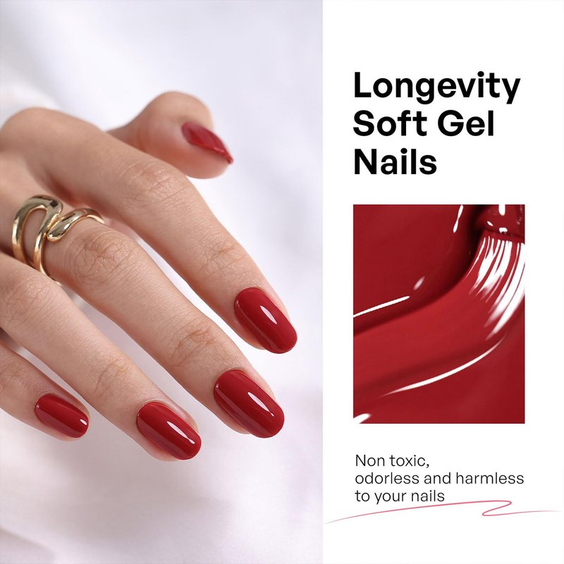 Red Press on Nails Medium Oval - GJZEZ Soft Gel Nail Press Ons Solid Glossy Full Cover Fake Nails Gifts for Women | 16 Sizes - 32 pcs Natural Long Lasting Reusable Faux Nail Kit with Glue, Cherry Red
