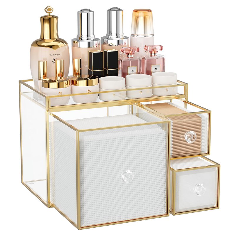 Coralhouse Tempered Glass Face Towel Holder with 3 Drawers, Bathroom Vanity Organizer for Disposable Face Towels, Cotton Pads, Swabs and Skincare Tools