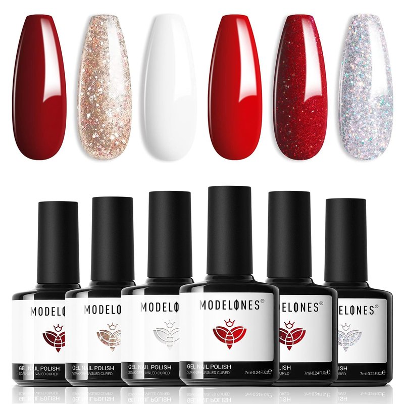 Modelones Red Gel Nail Polish Set - 6 Colors for DIY Nail Art | Glitter & Sparkle Shades for Women
