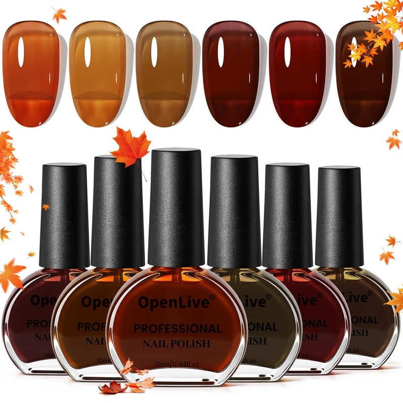 OpenLive 10ml Fall Jelly Nail Polish Set 6 Colors Gold Maple Leaf Pumpkin Yellow Burnt Orange Art Nail Polish Quick Dry for Women Girls Gift