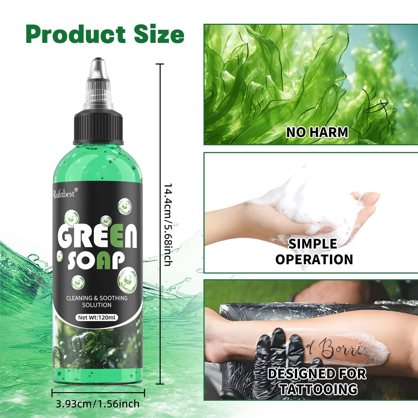 Rofitbest Green Tattoo Soap 4OZ with Foaming Bottle 120ml, Tattoo Supplies for Tattoos Piercings