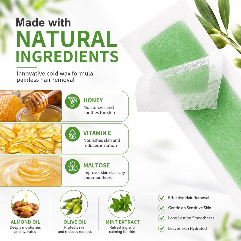 Facial Wax Strips for Women | 98% Natural Cold Wax for Gentle Hair Removal - 40 Strips + 4 Wipes