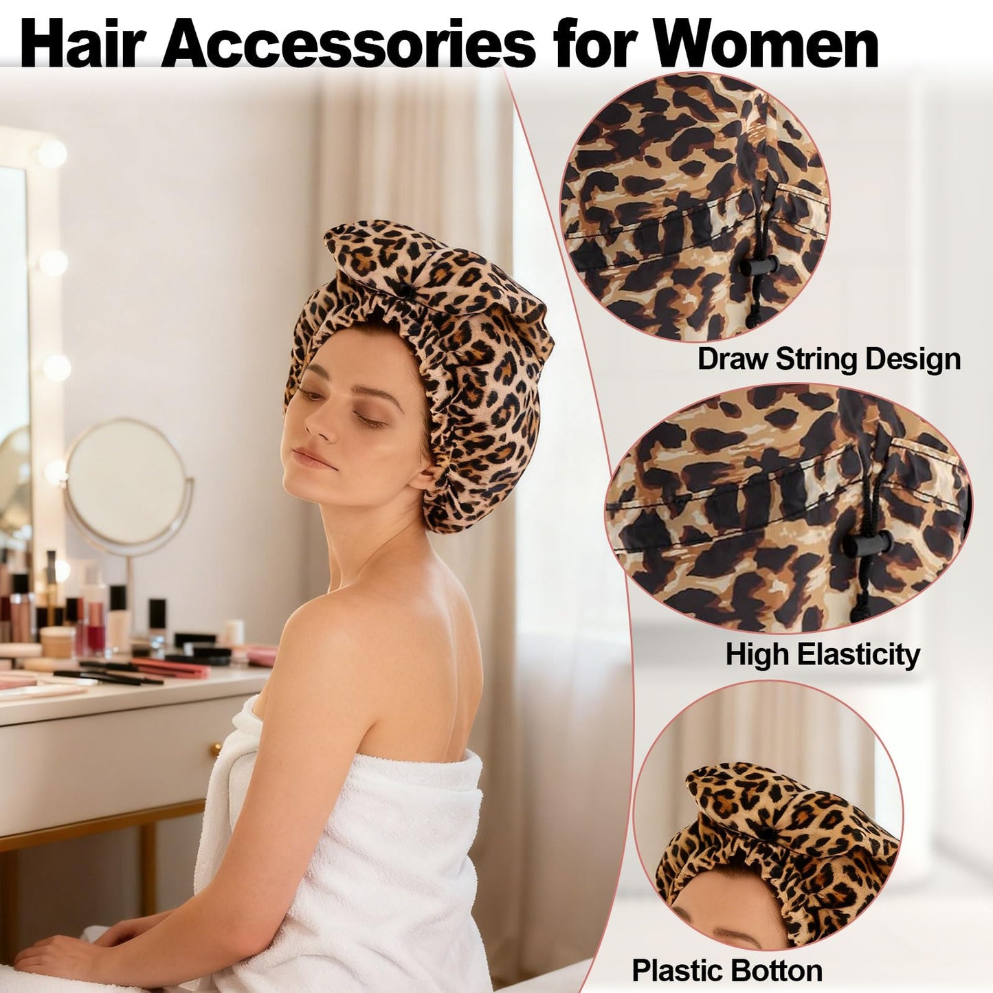 ELEBOX 2 Pack Extra Large Shower Cap for Braids/Curly Hair/Dreadlock | Reusable Waterproof Long Bonnets for Women Shower/Cleaning/Spa | Bathing Cap with Adjustable Drawstring & Button, Black+Leopard